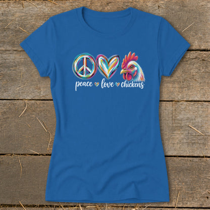 Blue t-shirt with peace, love, chicken symbols and text.