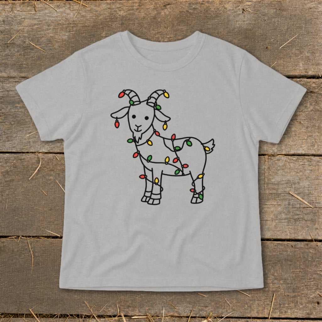 Light grey t-shirt with a line drawing of a goat wrapped in colorful Christmas lights.