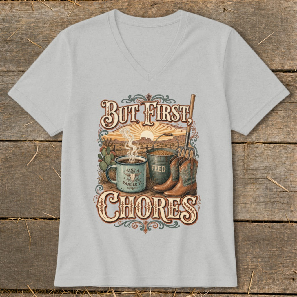 "But First, Chores" graphic with coffee mug, feed bucket, boots, and sunrise.