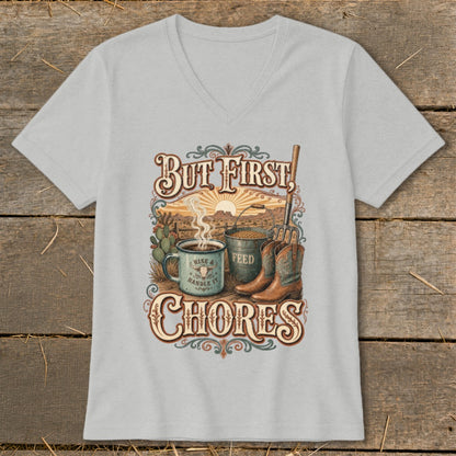 "But First, Chores" graphic with coffee mug, feed bucket, boots, and sunrise.