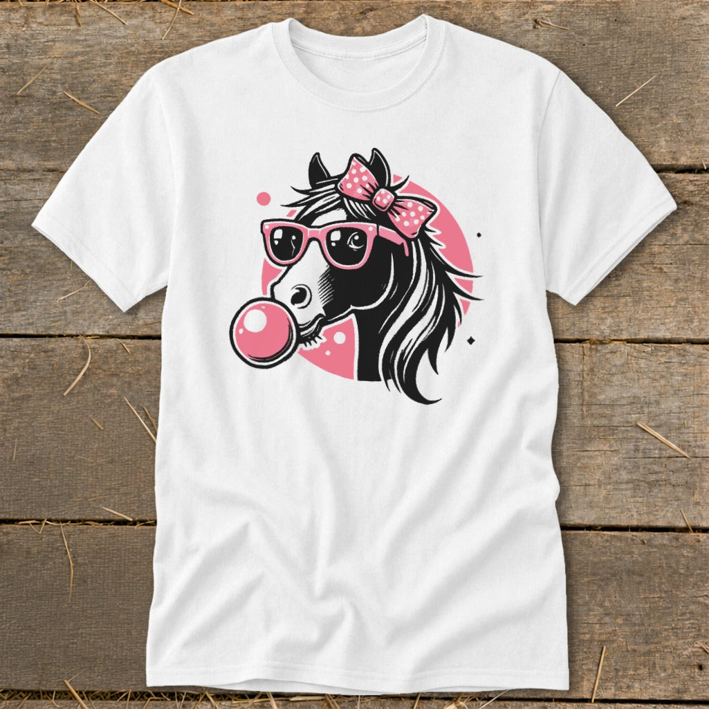 White t-shirt with a black horse wearing pink sunglasses and a pink bow, blowing bubblegum.