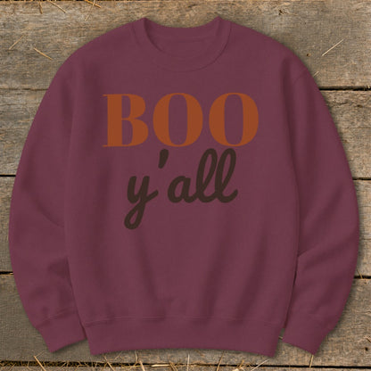 Maroon sweatshirt with orange and brown "Boo y'all" text.