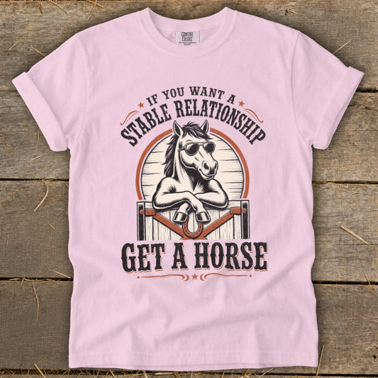 Light pink t-shirt with a graphic of a horse wearing sunglasses leaning over a stable door.