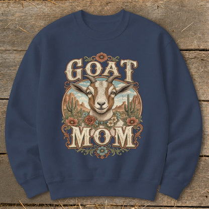 Crewneck sweatshirt with "Goat Mom" text and goat graphic in a desert scene.
