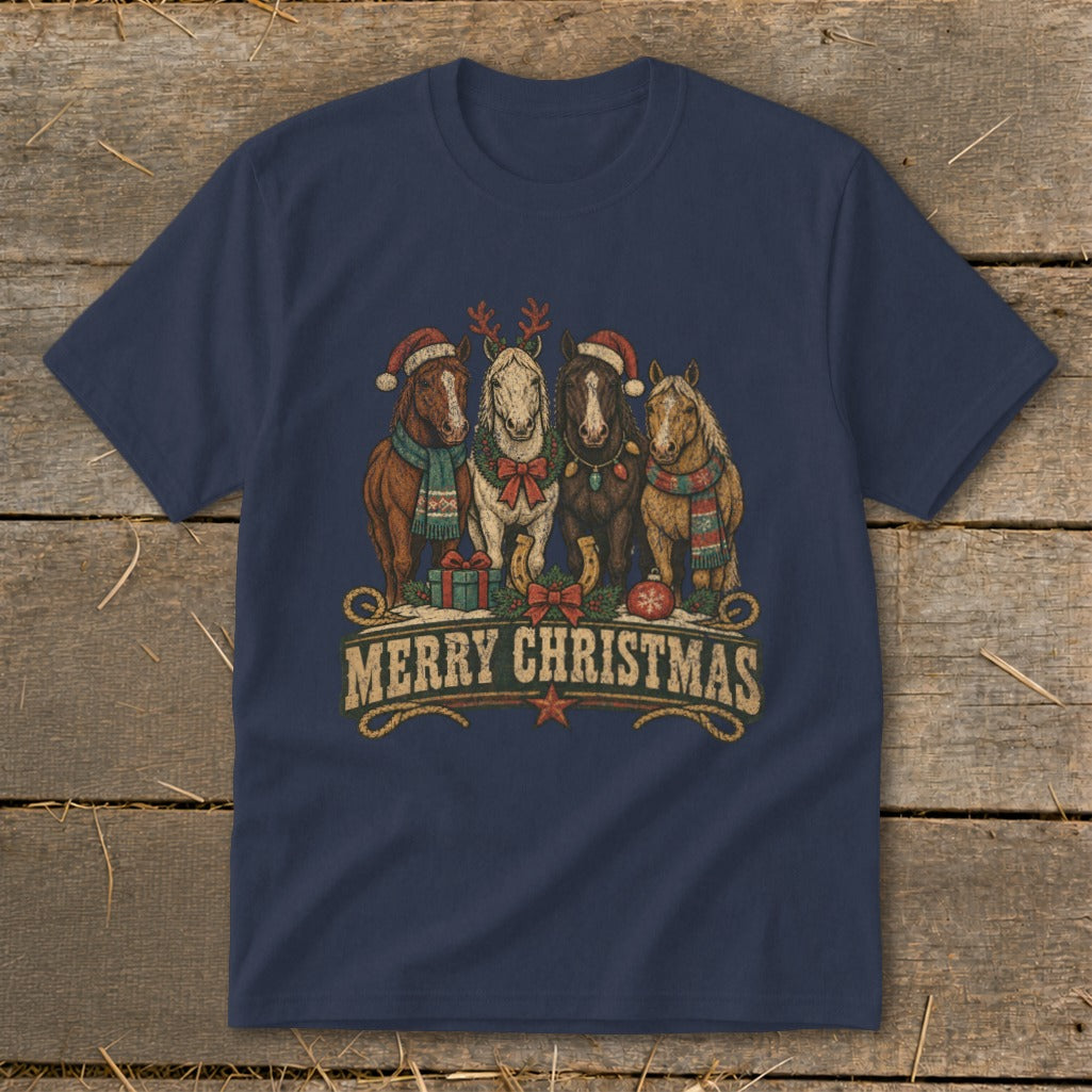 Four horses wear Santa hats and scarves with "Merry Christmas" text below.