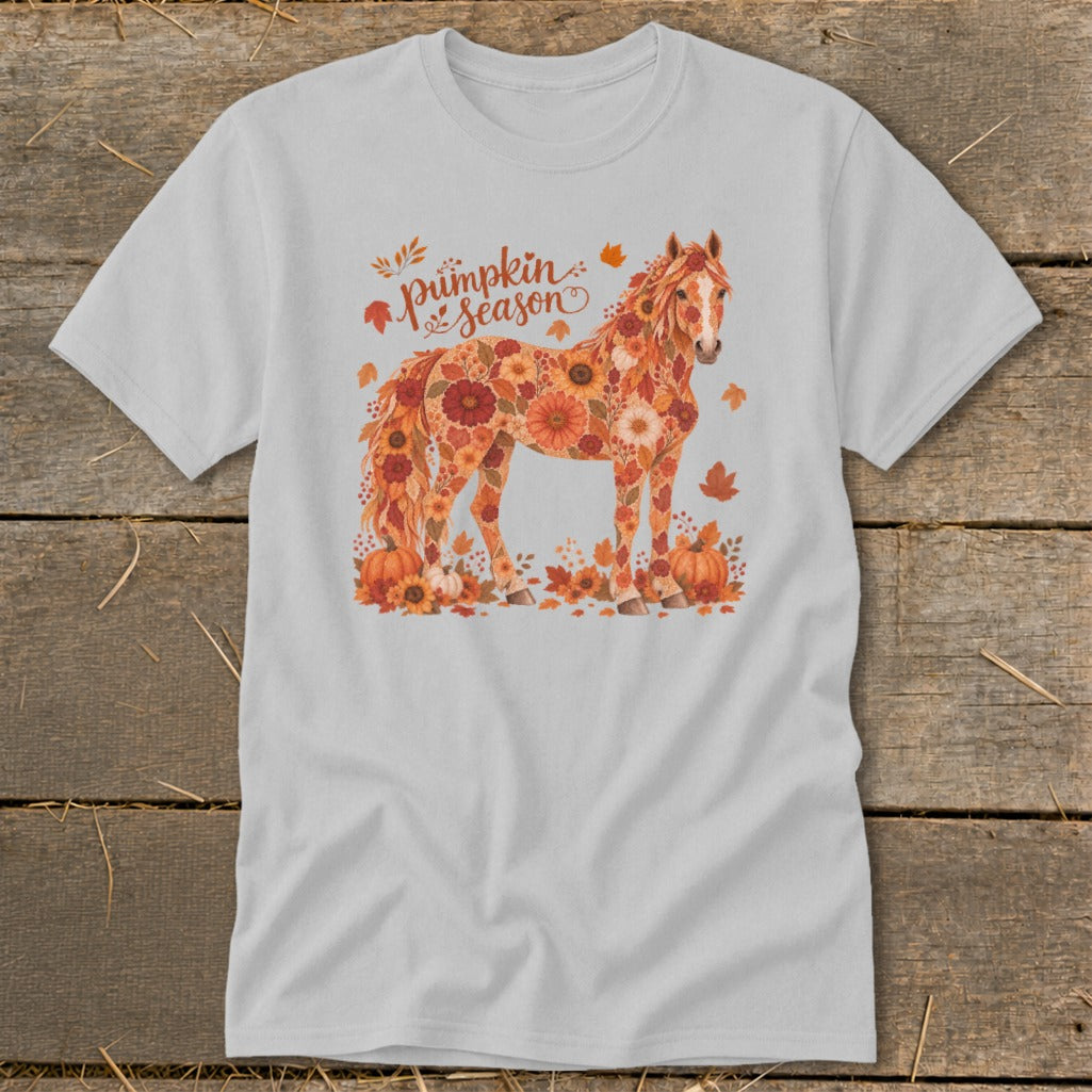 Horse made of autumn flowers and leaves with pumpkins, text "Pumpkin Season".