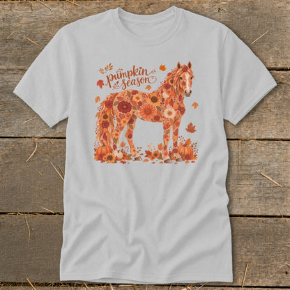 Horse made of autumn flowers and leaves with pumpkins, text "Pumpkin Season".