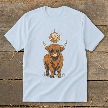 Highland cow with sunglasses and disco ball on light blue t-shirt.