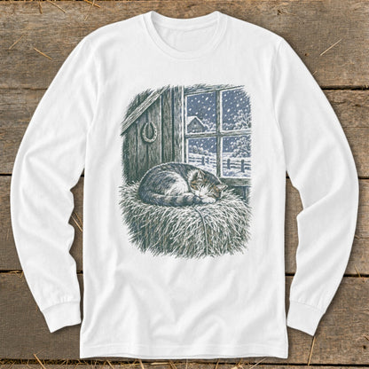 Illustration of a cat sleeping on hay in front of a snowy barn window.