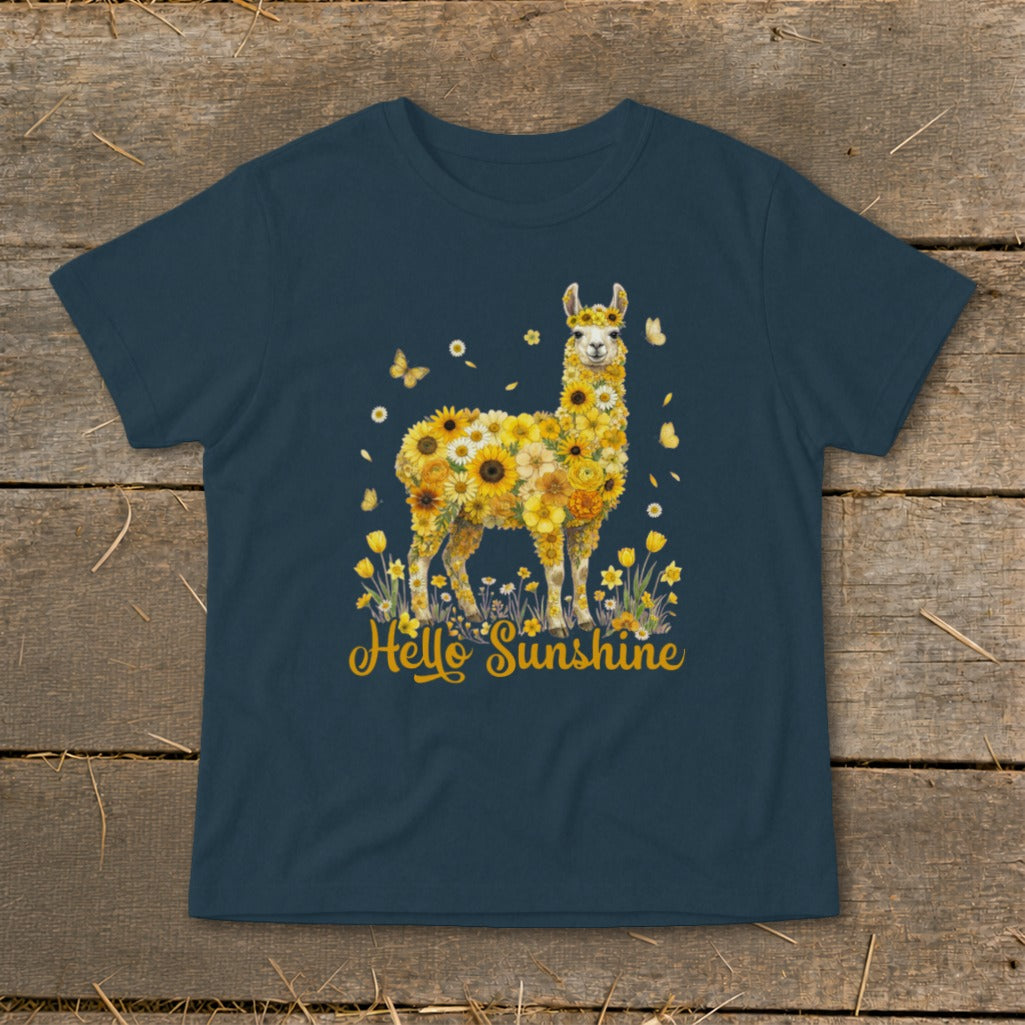 Llama made of yellow flowers with butterflies and "Hello Sunshine" text.