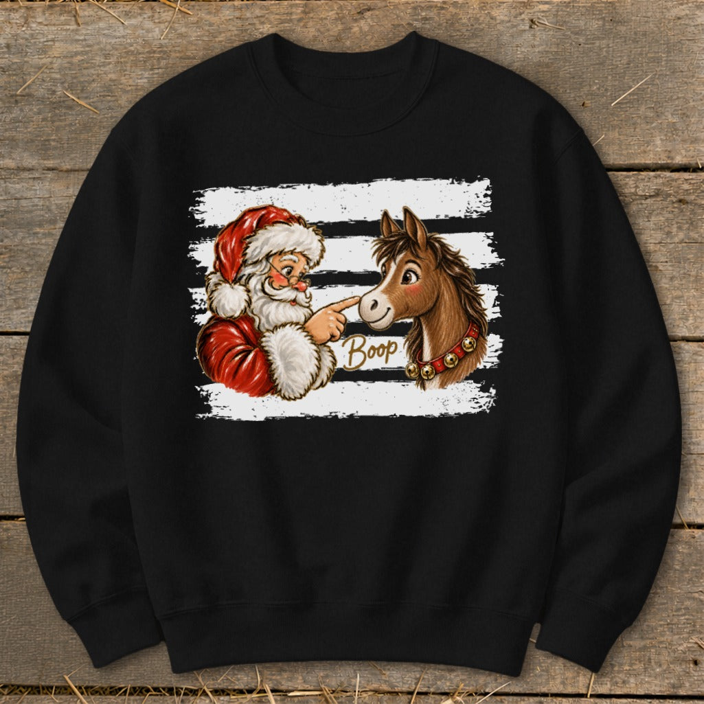 Santa booping a horse with "Boop" text on a black sweatshirt.