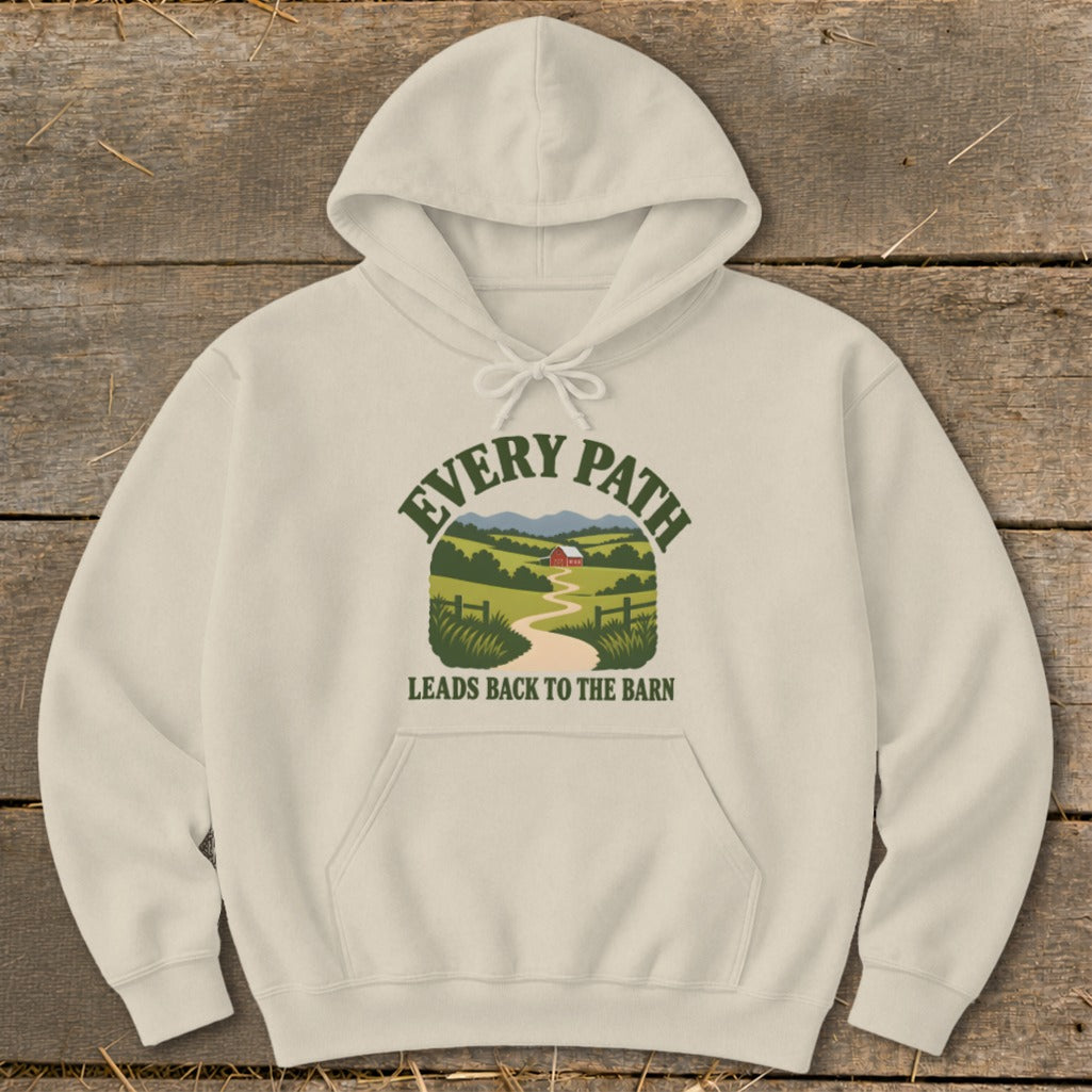 Cream hoodie with "EVERY PATH LEADS BACK TO THE BARN" text and a barn graphic.