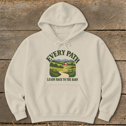Cream hoodie with "EVERY PATH LEADS BACK TO THE BARN" text and a barn graphic.