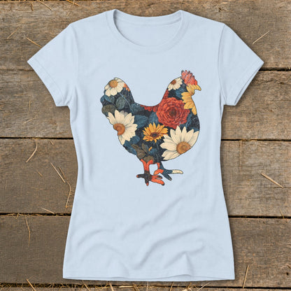 Light blue t-shirt with a floral chicken graphic.