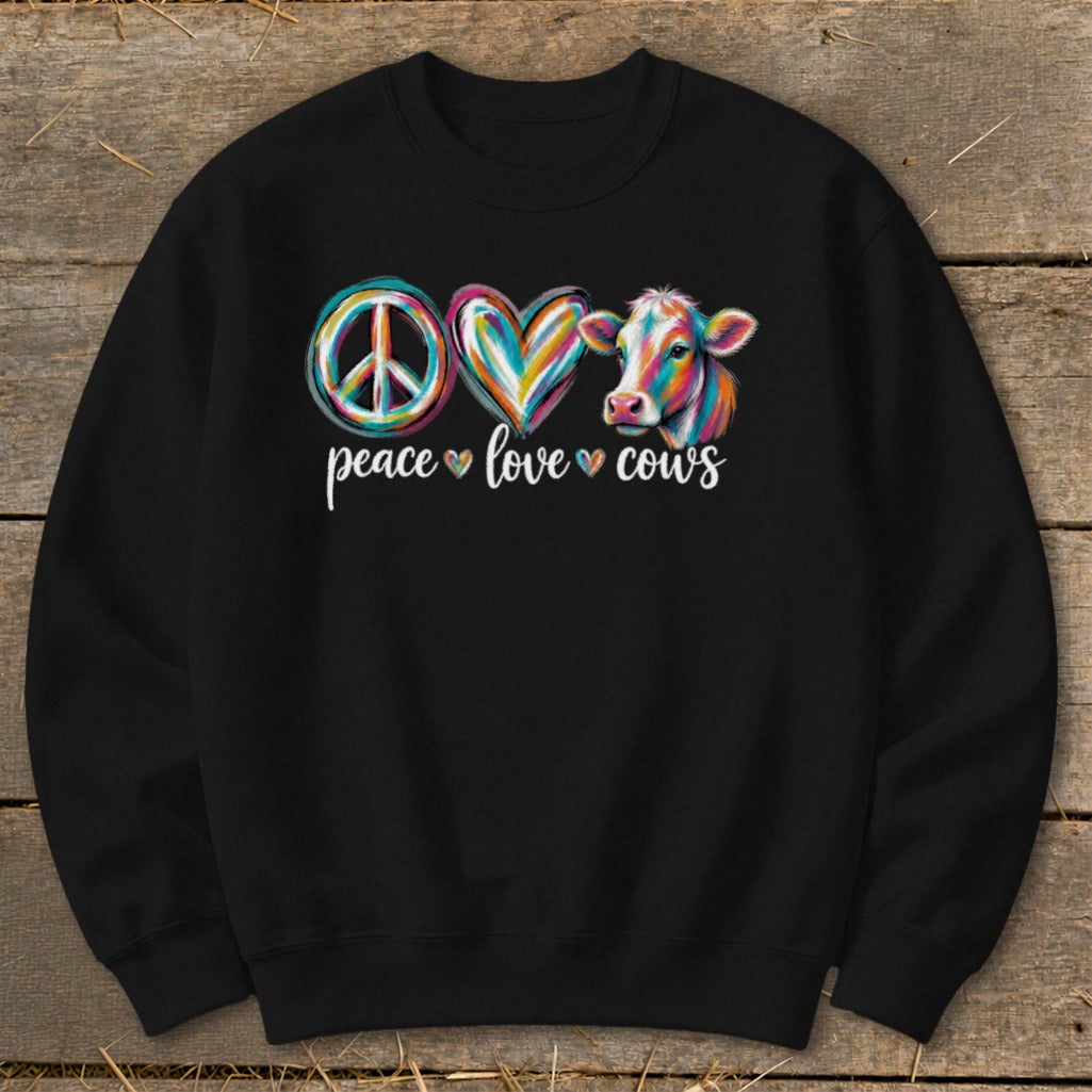 Black sweatshirt with "Peace Love Cows" text and colorful peace sign, heart, and cow graphic.