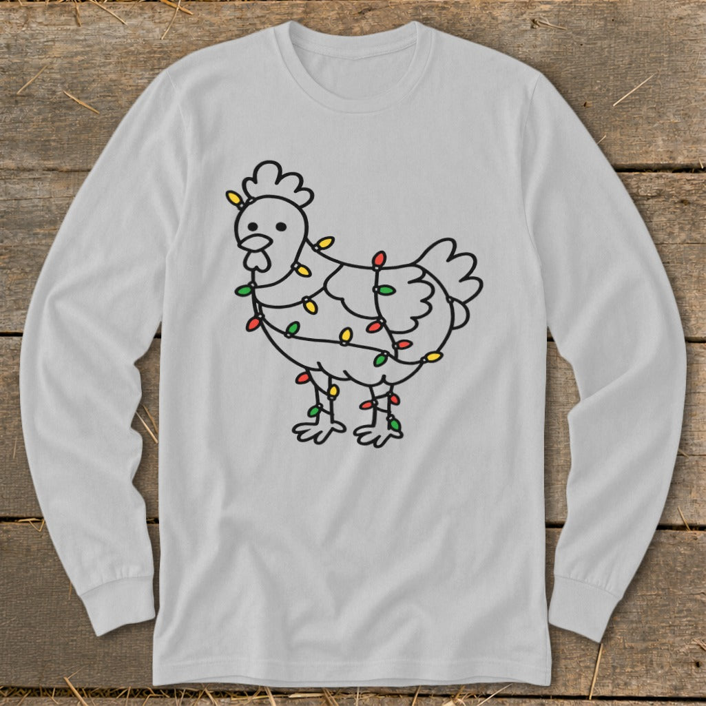 Line drawing of a chicken wrapped in colorful Christmas lights on a white long-sleeve shirt.