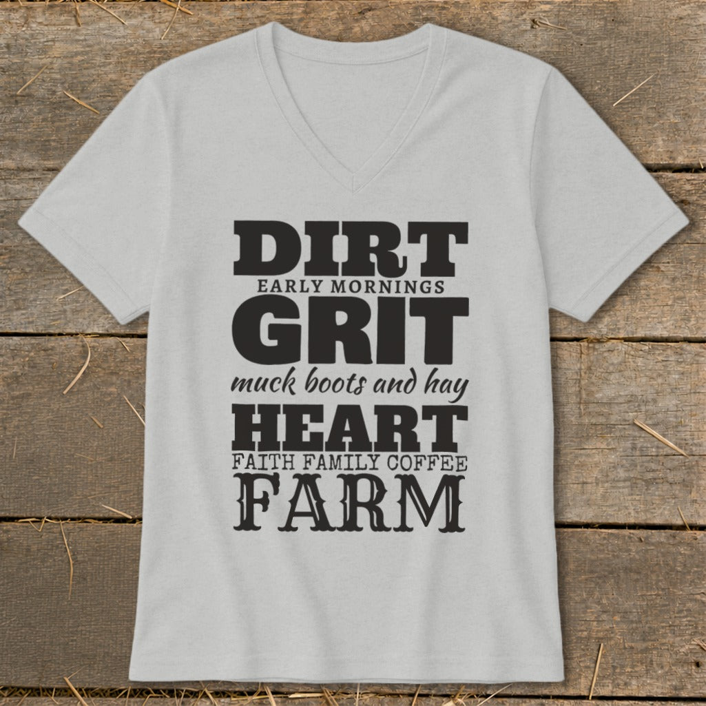 Light gray t-shirt with black text: Dirt, Early Mornings, Grit, muck boots and hay, Heart, Faith Family Coffee, Farm.