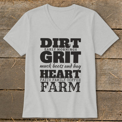 Light gray t-shirt with black text: Dirt, Early Mornings, Grit, muck boots and hay, Heart, Faith Family Coffee, Farm.