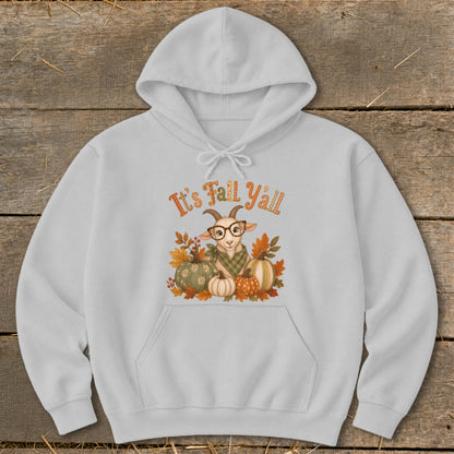 White hoodie with a graphic of a goat, pumpkins, and autumn leaves with "It's Fall Y'all" text.
