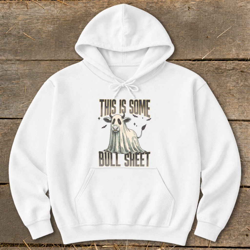 White hoodie with a ghost cow graphic and "THIS IS SOME BULL SHEET" text.