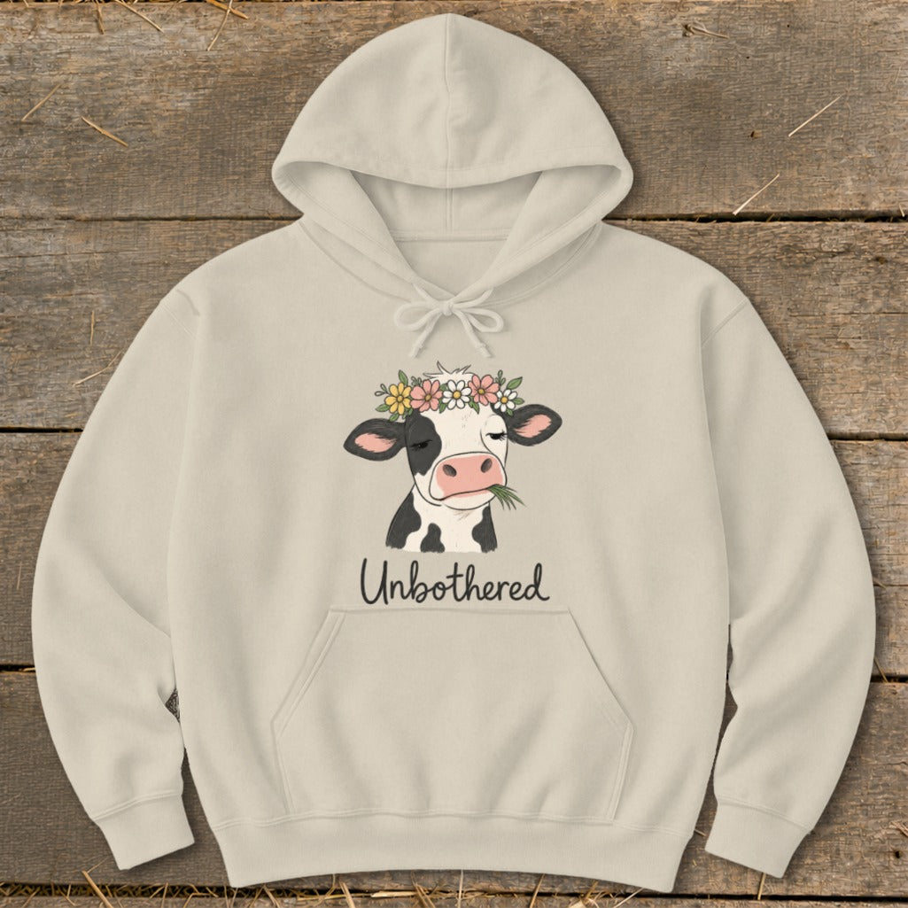 Light beige hoodie with a cow wearing a flower crown and the text "Unbothered".