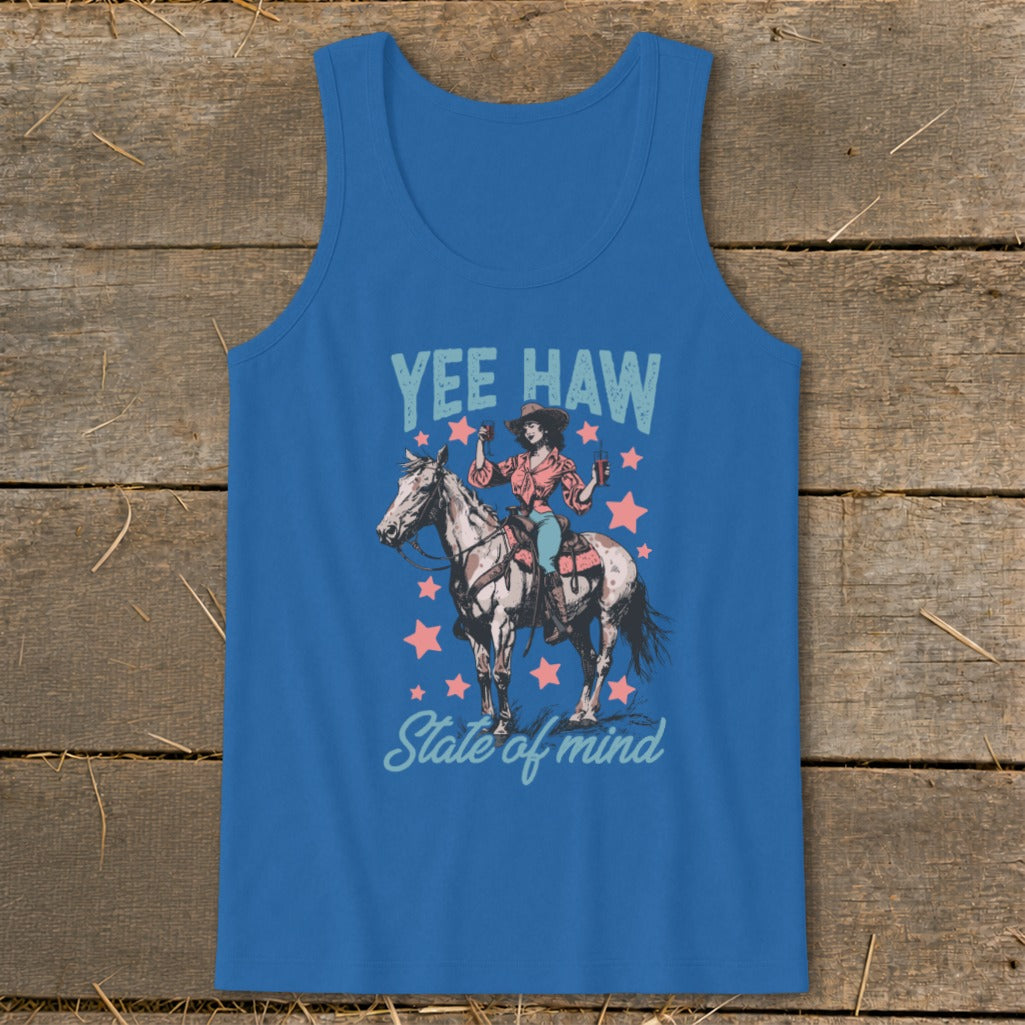 Blue tank top with "Yee Haw State of Mind" text and woman on horse graphic.