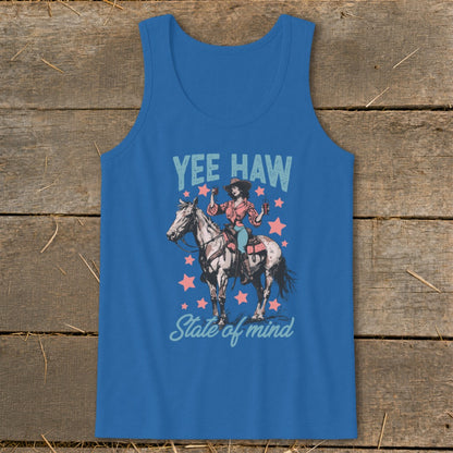 Blue tank top with "Yee Haw State of Mind" text and woman on horse graphic.