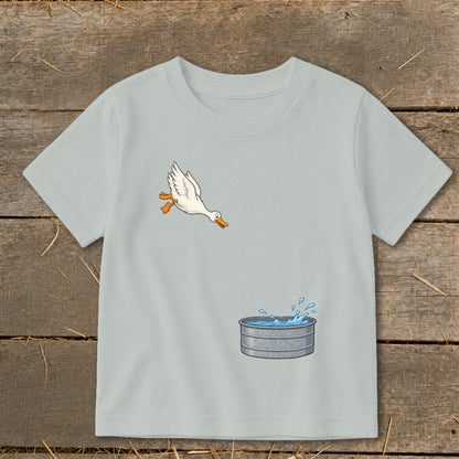 Gray t-shirt with a white goose jumping into a metal tub of water.