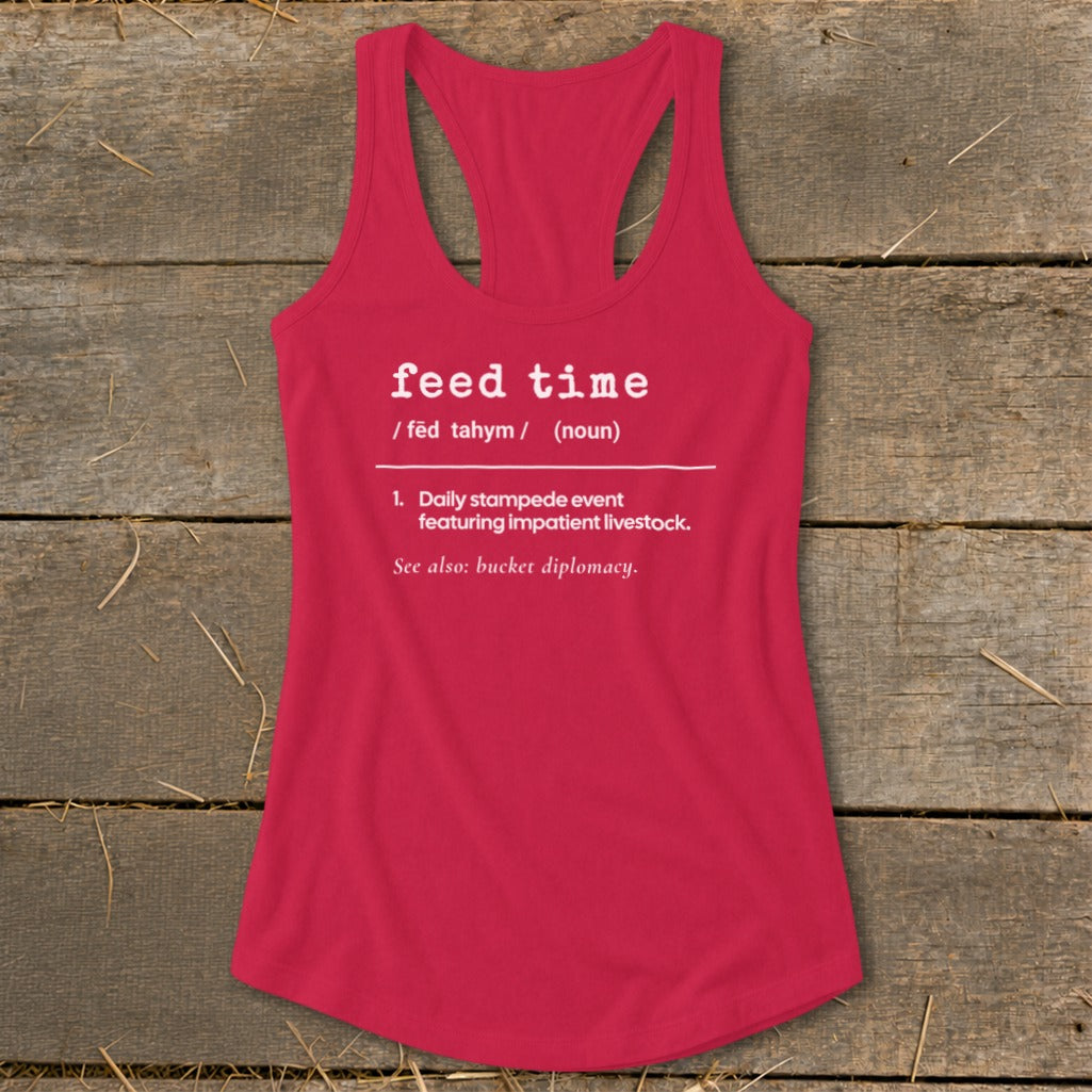 Red racerback tank top with "feed time" dictionary definition.