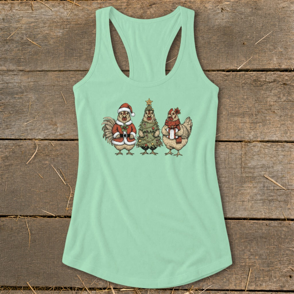 Mint green tank top with graphic of three chickens celebrating Christmas.