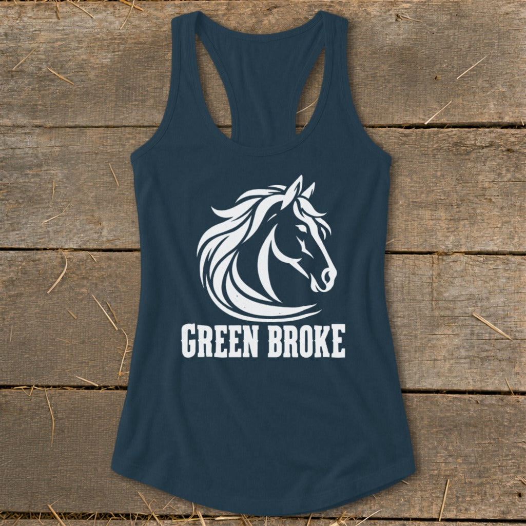 A dark blue racerback tank top with a white horse graphic and the text GREEN BROKE.