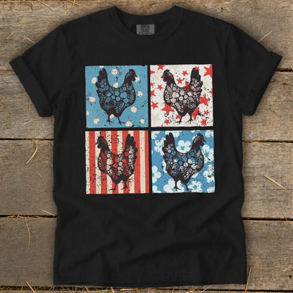 Black t-shirt with four decorative chicken designs on patterned backgrounds.