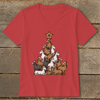 Red t-shirt with a Christmas tree made of horses wearing Santa hats.