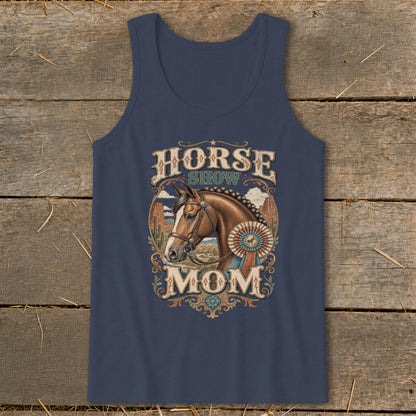 Navy tank top with "Horse Show Mom" text and a horse head graphic.