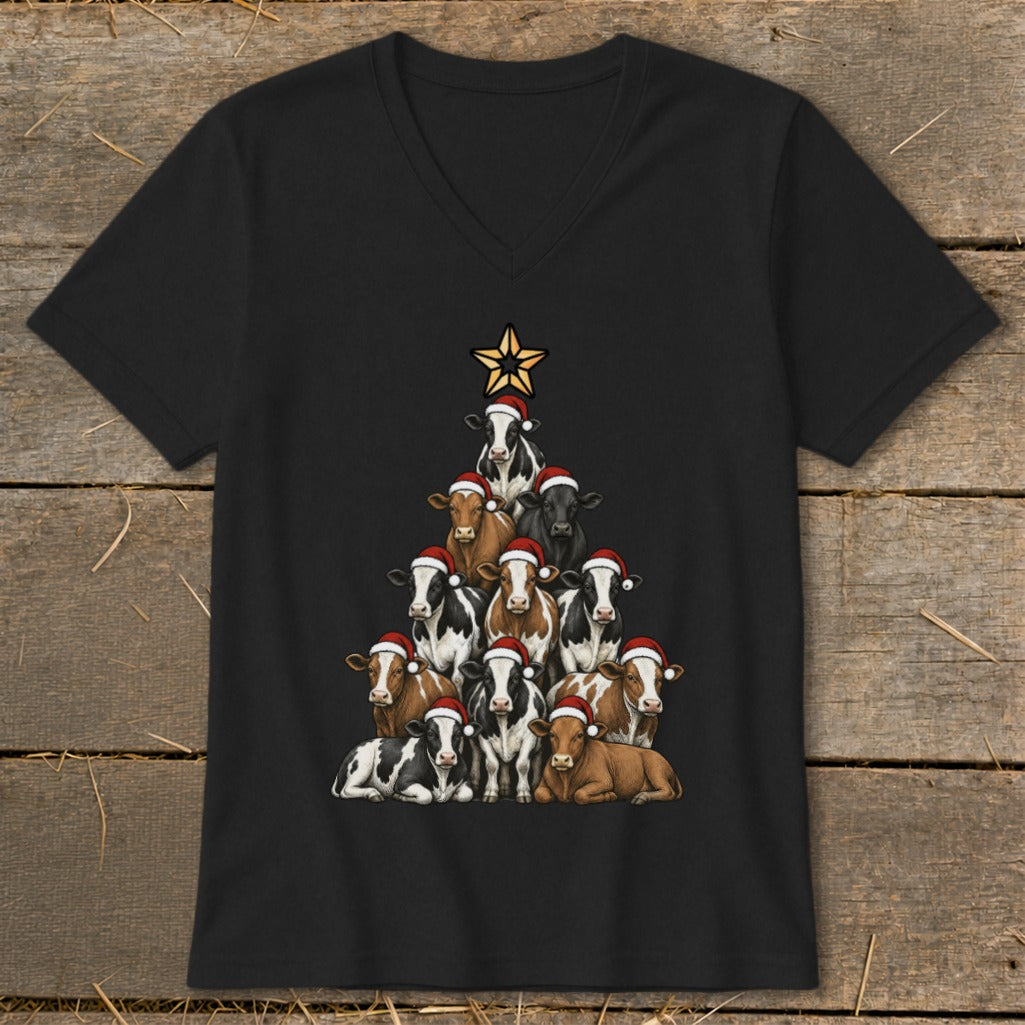 Black v-neck t-shirt with cows in Santa hats arranged like a Christmas tree.