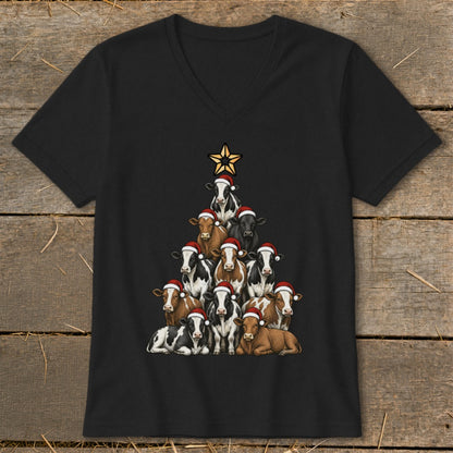 Black v-neck t-shirt with cows in Santa hats arranged like a Christmas tree.