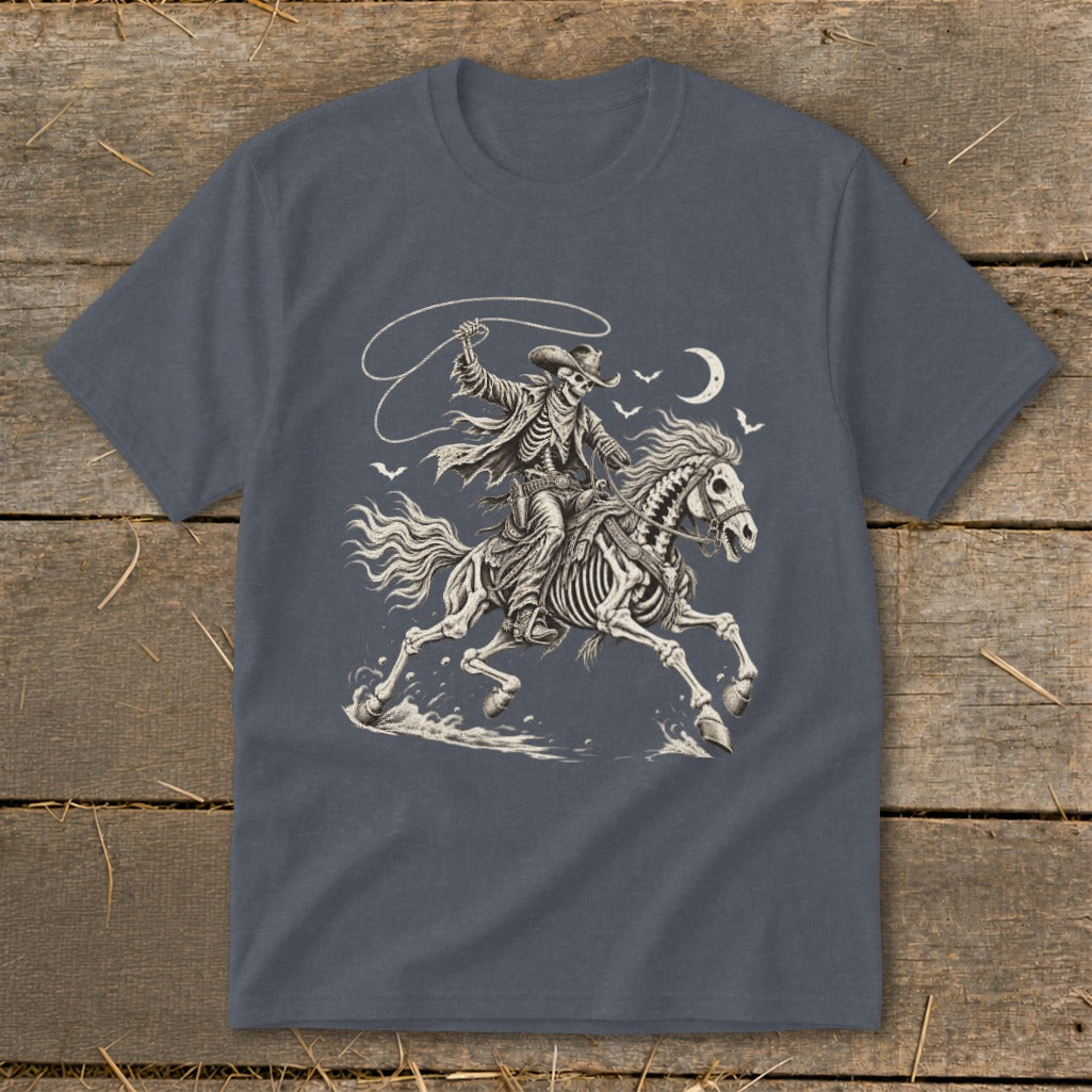 Skeleton cowboy on horseback with a lasso against a night sky.