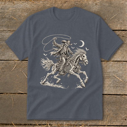 Skeleton cowboy on horseback with a lasso against a night sky.