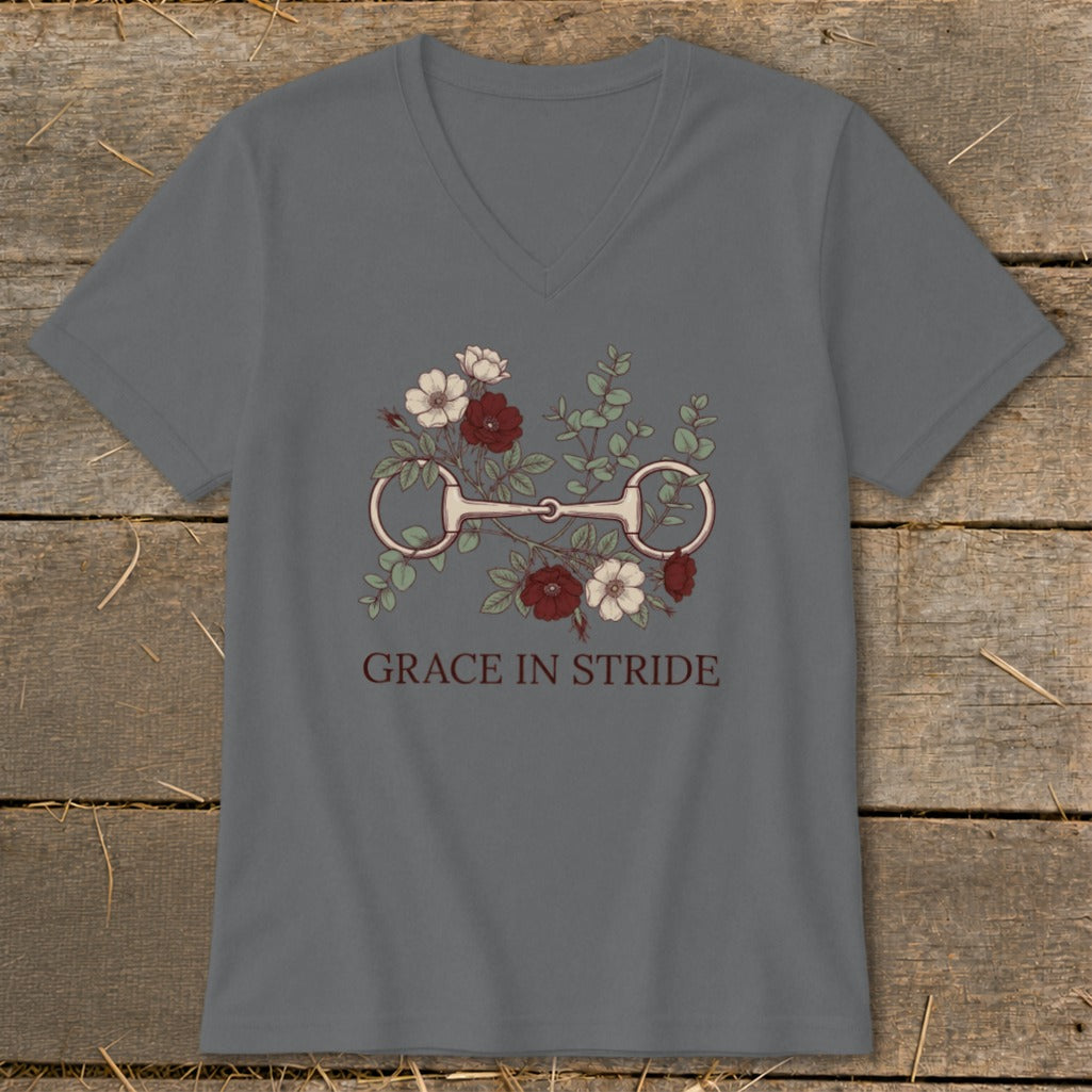 Gray t-shirt with a snaffle bit surrounded by flowers and text "GRACE IN STRIDE".