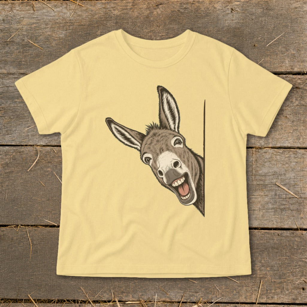 T-shirt with a cartoon of a grinning donkey peeking from behind a vertical line.