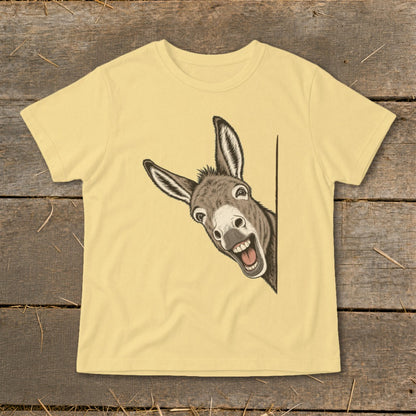 T-shirt with a cartoon of a grinning donkey peeking from behind a vertical line.