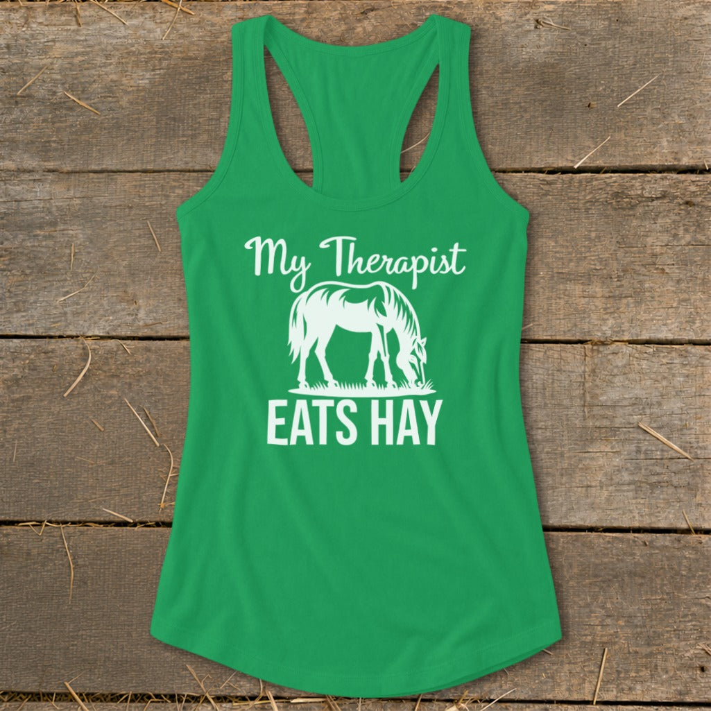 Green tank top with "My Therapist EATS HAY" and horse graphic.