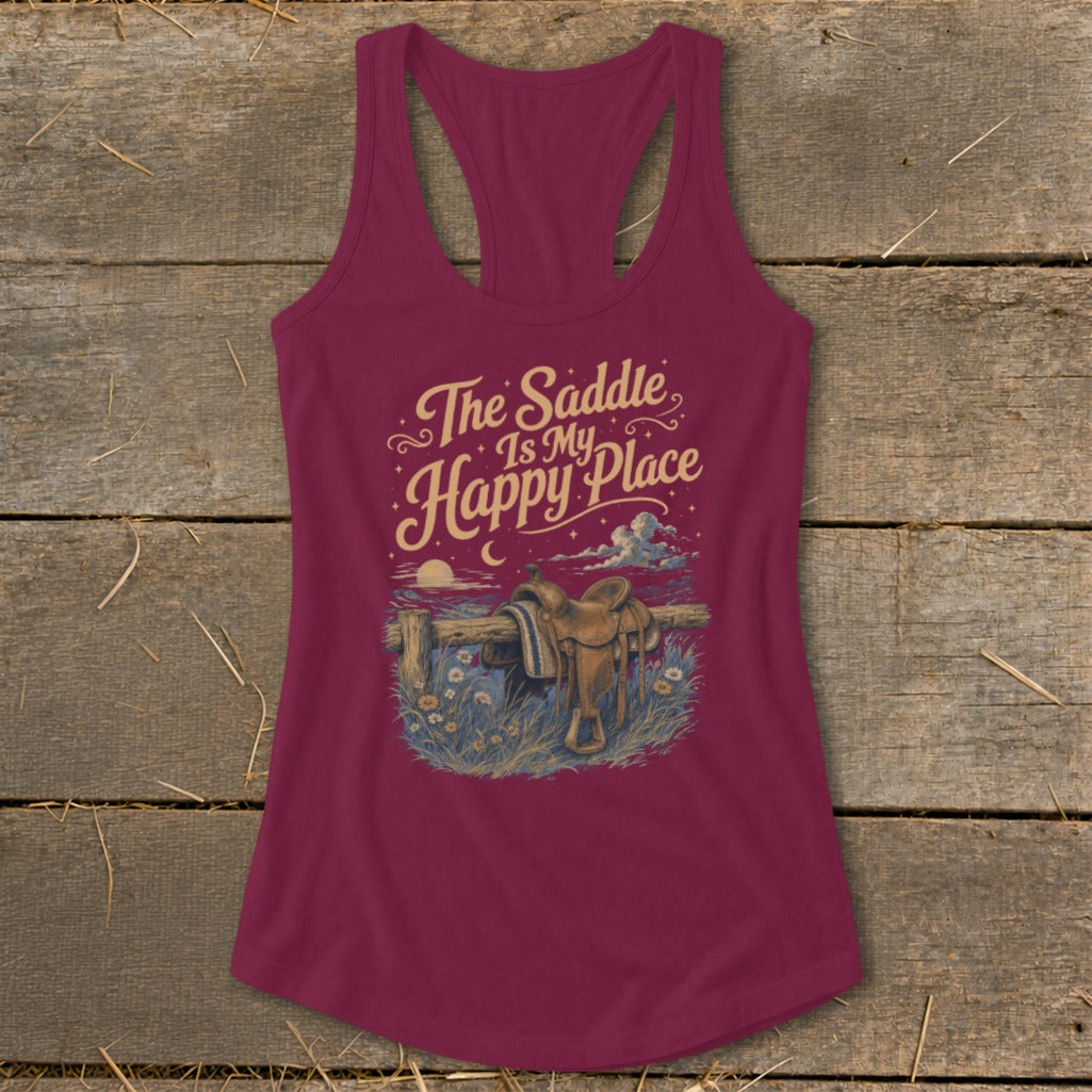 Maroon tank top with a graphic reading "The Saddle Is My Happy Place."