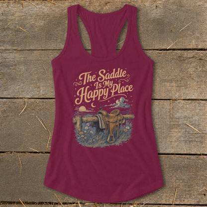 Maroon tank top with a graphic reading "The Saddle Is My Happy Place."