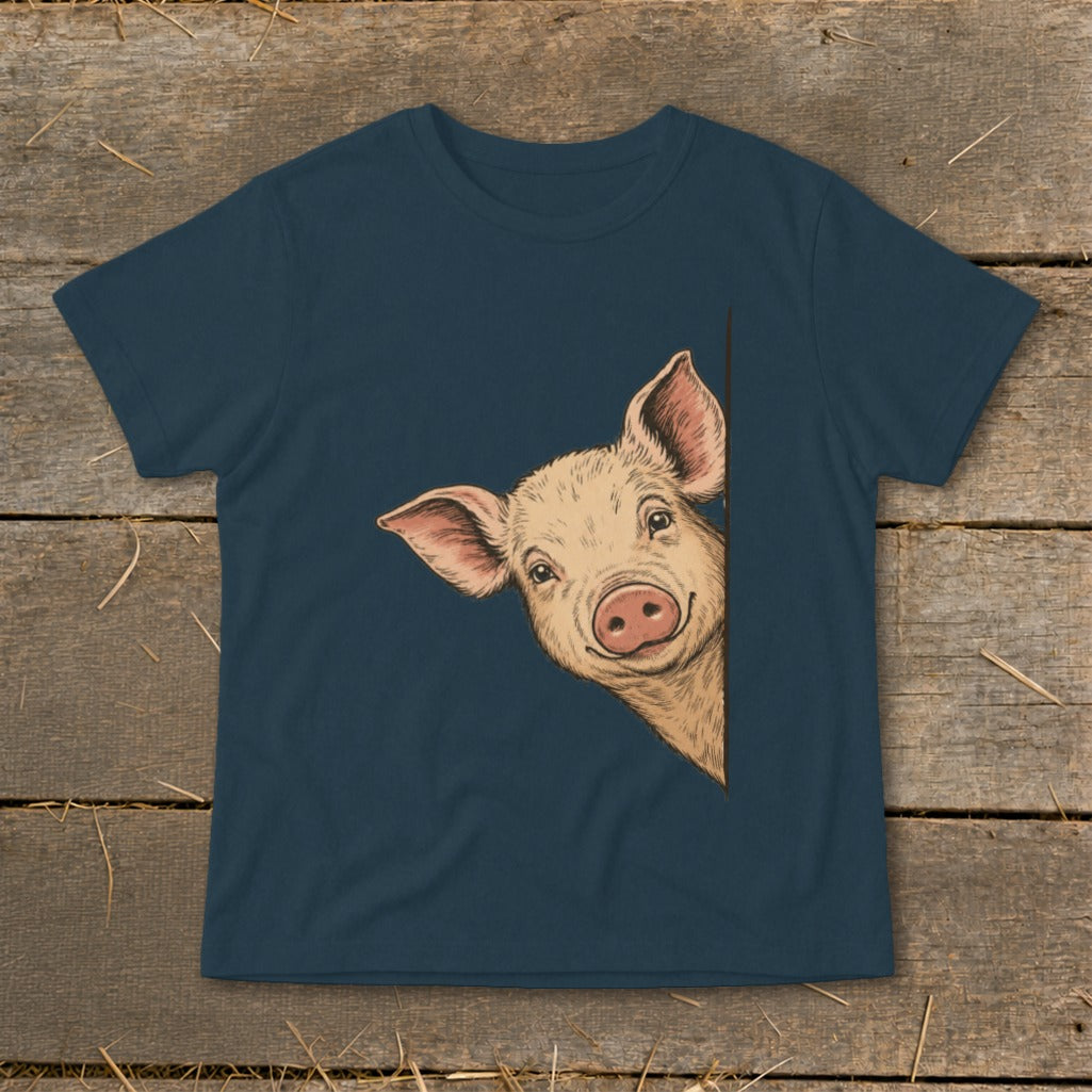 Peeking pig graphic on a dark blue t-shirt.