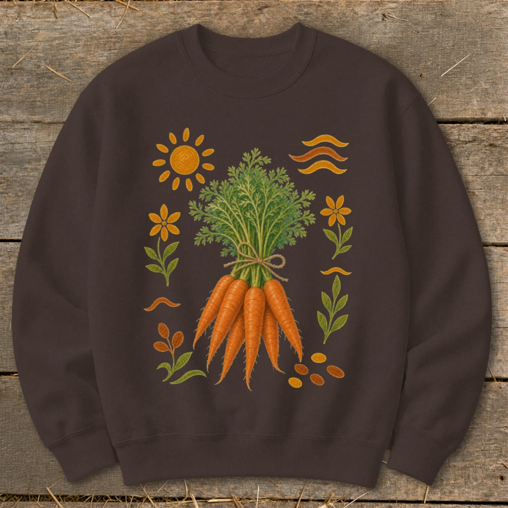 Brown sweatshirt with a central bunch of carrots and surrounding sun, flowers, and leaves.