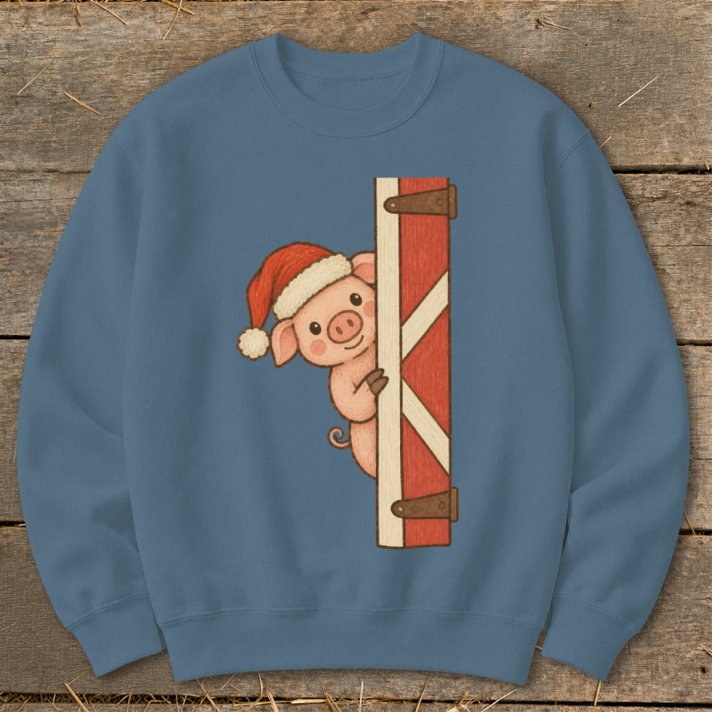 Cute pig wearing a Santa hat peeking around a barn door.