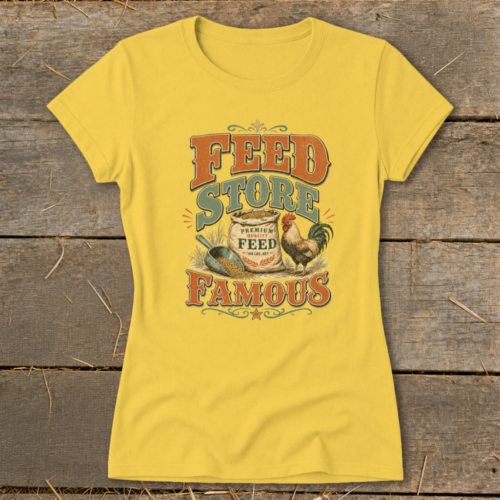 Yellow t-shirt with "Feed Store Famous" text, a sack of feed, and a rooster.