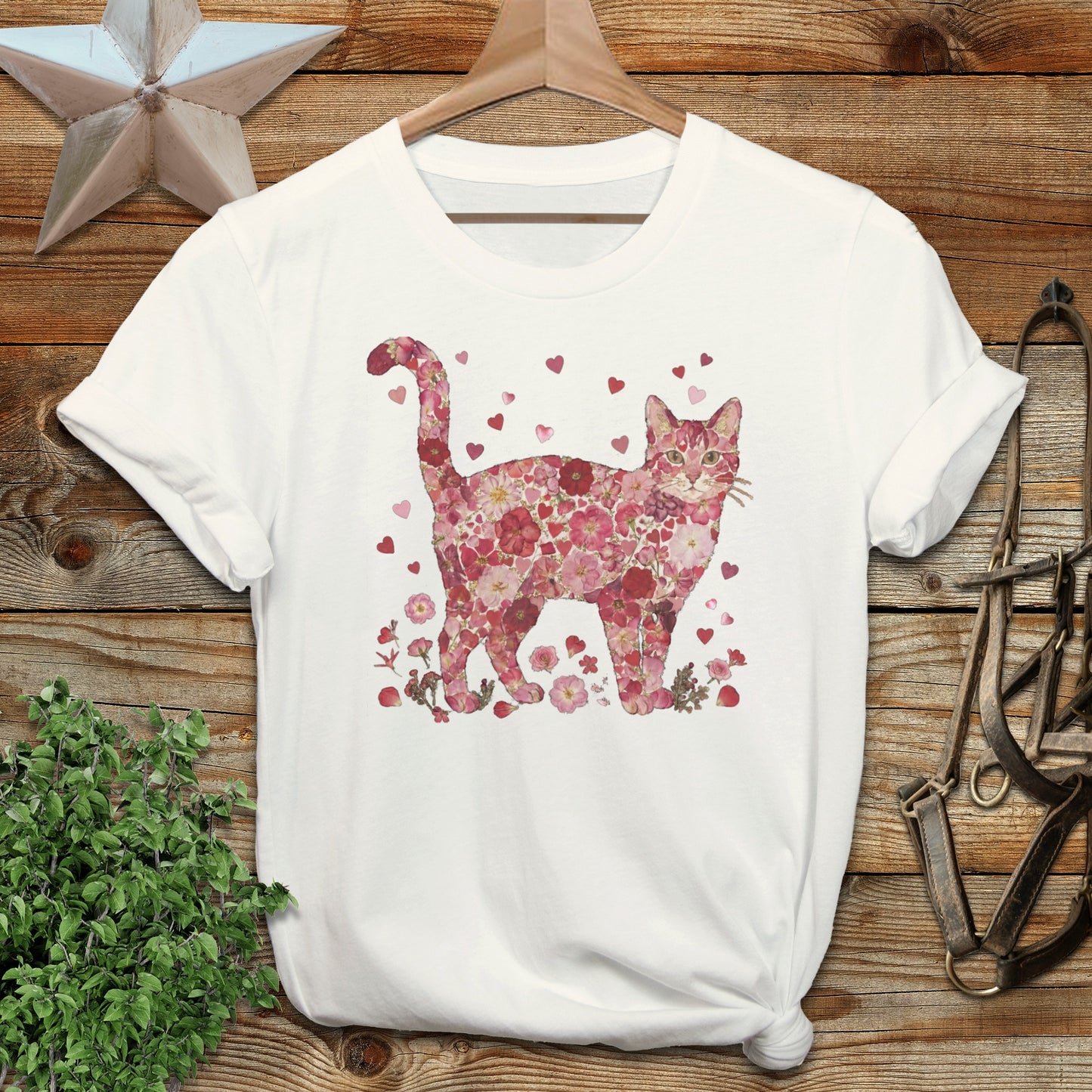Floral Cat Design with Hearts T-shirt for Cat Lovers