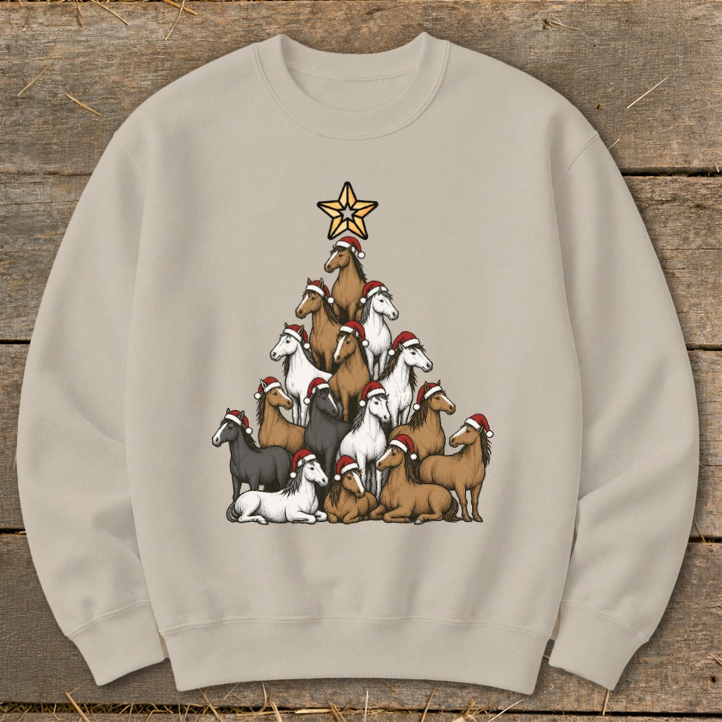 Christmas tree made of horses wearing Santa hats with a star on top.
